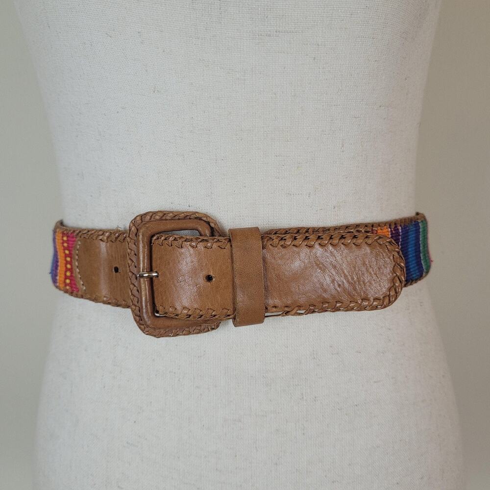 Omega‎ Belt Large Brown Leather Woven Multicolor Boho Festival Ethnic Whipstitch
